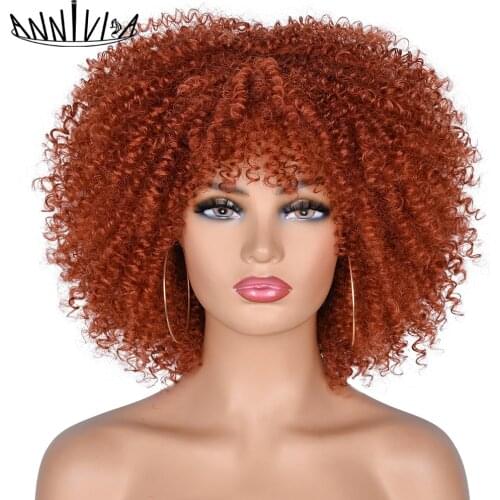 Short Hair Afro Kinky Curly Wigs With Bangs For Black Women 10" Natural Synthetic Ombre Glueless Cosplay Wigs High Temperature