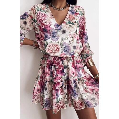 Spring Womens V Neck Flower Print Dress Casual Long Sleeve Short A Line Dress Female Bohemian Leisure Slim Party Vestidos 2021
