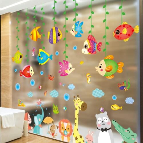 [SHIJUEHEZI] Cartoon Animals Wall Stickers DIY Fish Wall Decals for Kids Rooms Baby Bedroom Bathroom Home Decoration Accesorios