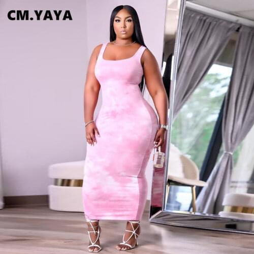CM.YAYA Women Plus Size Dress Print Sleeveless O-neck Stretchy Bodycon Skinny Long Maxi Dresses Sexy Casual Streetwear Summer