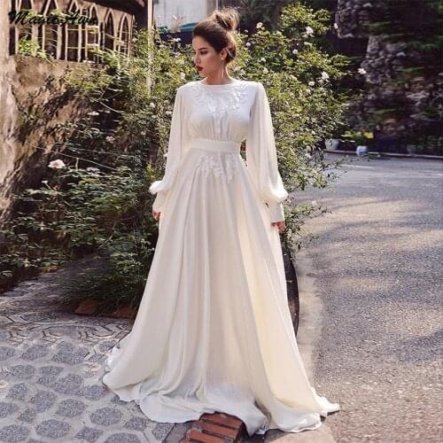 Magic Awn Bohemian Chiffon Wedding Dresses Long Sleeves Lace Appliques Beach A-Line Wedding Party Dress Abito Da Sposa