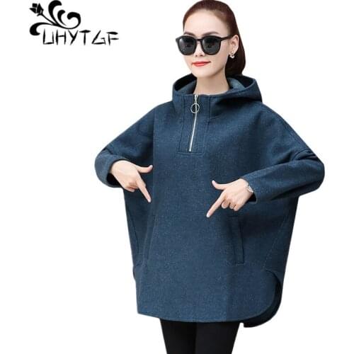 UHYTGF Sweatshirt womens Hooded pullover autumn wool coat Korean loose Oversized tops jacket solid color casual female coats 566