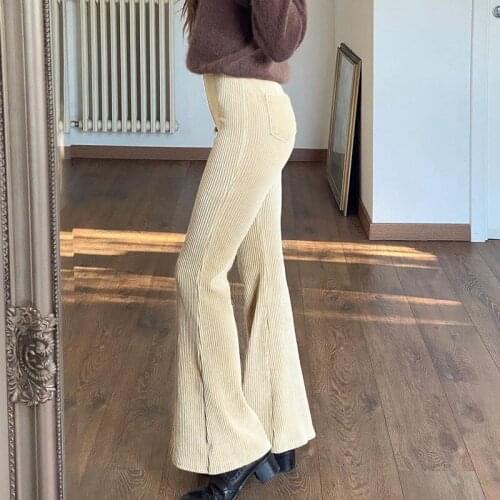 Vintage Corduroy Flare Sweatpants Women Y2k Pants 2021 Harajuku Long High Waist Trousers Stretchy Female Capris LQWKP00059