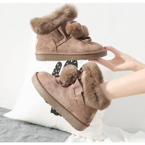 Rabbit hair Snow boots female winter new warm plus velvet wild short tube short boots non-slip flat student cotton shoes O5-85