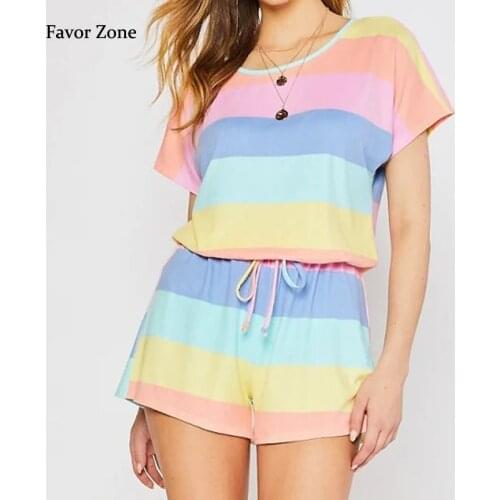 Plus Size Womens Two Piece Suit Rainbow Stripes Print Casual Short Sleeve T-shirt Elastic Waist Home Shorts Women Set Sleepwear