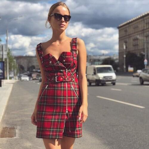 Summer Sexy Gothic Punk Red Plaid Strap Zipper Slim Waist Belt Denim Dresses Woman Party Night Club Vintage Bodycon Dress 2019