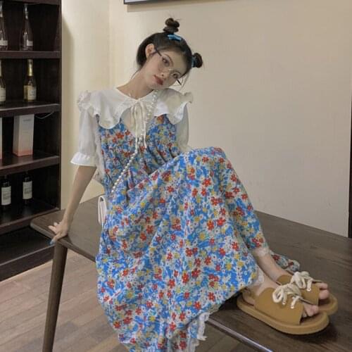 Woman Dress V-neck Floral Chiffon Dress Female Summer New Style French Gentle Wind Sweet Suspender Skirt Long Skirt
