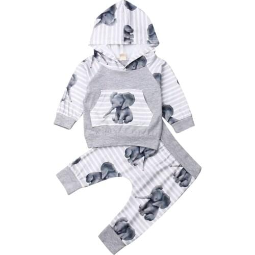 2019 Newborn Baby Boy Girl Long Sleeve Elephant Print Hooded Tops Long Pant Trouser 2PCS Tracksuit Clothing Set