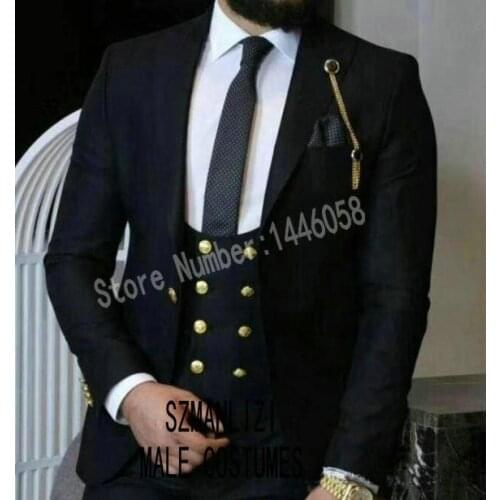 2019 Fashion Groom Dinner Party Formal Black Men Suit Gold Buttons Slim Fit Groomsmen Tuxedo Men Wedding Suits Terno Masculino