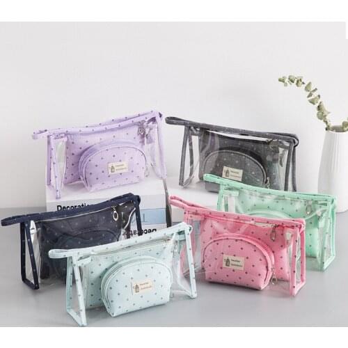3 Set Casual Women Travel Cosmetic Bag PVC Leather Zipper Make Up Transparent Makeup Case Organizer Storage Pouch Toiletry Bags