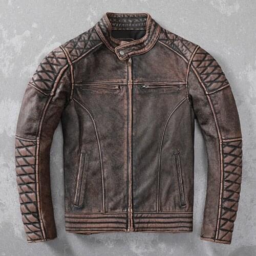 Free shipping.Heavy vintage brown genuine leather jacket.mens slim motor biker cowhide coat.quality plus size leather clothes