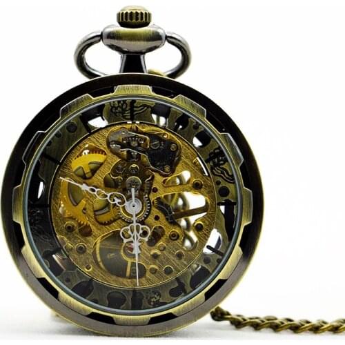 Luxury Skeleton Steampunk Men Mechanical Hand Winding Chain Compass Necklace Women Pocket Watch Round Antique Watch