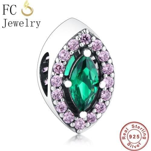 FC Jewelry Fit Original Brand Charm Bracelet Real 925 Silver Turkish Evil Eye Shape Green Zircon Stone Bead Making Berloque
