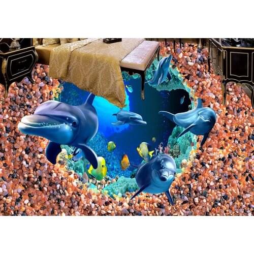 Customize 3d floor tiles wallpaper bedroom Ocean World Dolphin wallpaper self adhesive 3d floor painting