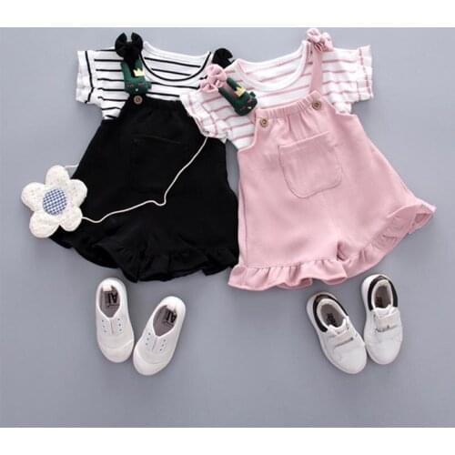 Girls Summer Suit Striped Round Neck T-Shirt + Sling Shorts 2PCS Active Jumpsuit Baby Kids Casual Bow Set Toddler Infant Outfit