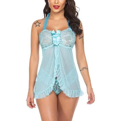 Top Fashion Womens Net Gauze Transparent Halter Neck Bow Ultra-Short Pajamas Plus Size Sexy Lace Nightdress Stitching