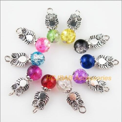 Fashion 20 New Animal Owl Charms Tibetan Silver Color Mixed Glass Pendants 8x23mm