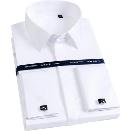 High Collar Men French Cufflink Slim Fit Cotton Shirts Male Long Sleeve Business Wedding Party Free Iron Shirt Hidden Button