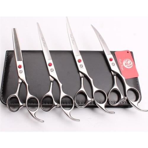 Z3003 4Pcs Set 7'' Silvery Pets Hair Suit + Cutting Shears + Thinning Scissors + Professional Dogs Cats Up/Down Curved Shears