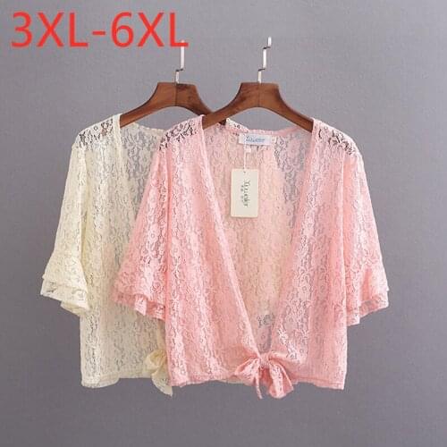 New 2021 Ladies Summer Plus Size Cardigan Tops For Women Large Blouse Short Sleeve Loose Beige Pink Lace Shirt 3XL 4XL 5XL 6XL