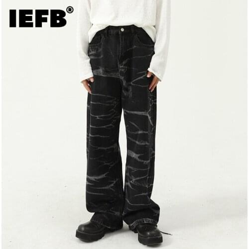 IEFB New Korean Tie Dyed Jeans Loose Straight Mens And Womens Fashion Casual Wide Leg Pants Black Blue Long Denim Pants 9Y9046