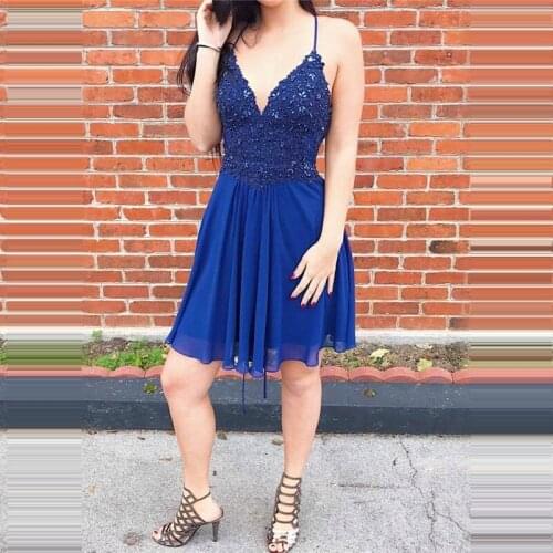 Charming Blue Homecoming Dresses Spaghetti Straps Sleeveless Prom Gowns Lace Beading Backless Party Dresses Graduation Gowns