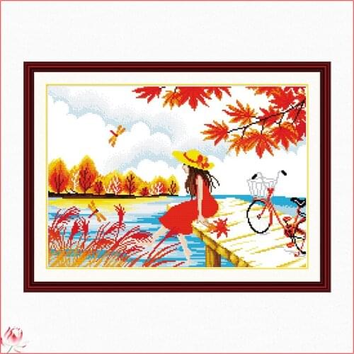Autumn scenery counting cross stitch kit 14ct 11ct canvas printing embroidery set DIY needlework home decoration craft painting