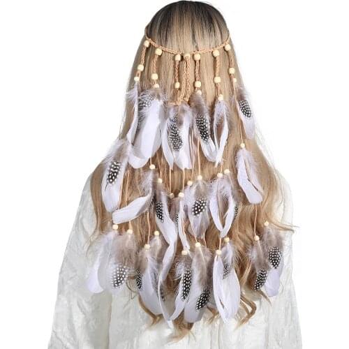 Boho Feather Headband Festival Hair Accessories Peacock Turban Scrunchies Elastic Hair Bands For Woman Beaded Adjust Headwear
