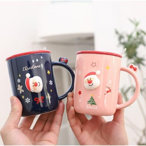 Christmas ceramic cup with lid metal spoon large capacity 400ml cup creative beverage coffee cup tea cup novelty gift milk cup