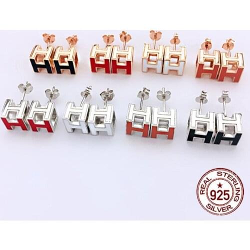 S925 S925 sterling silver earrings simple H earrings square simple hypoallergenic drip rose gold square h earrings