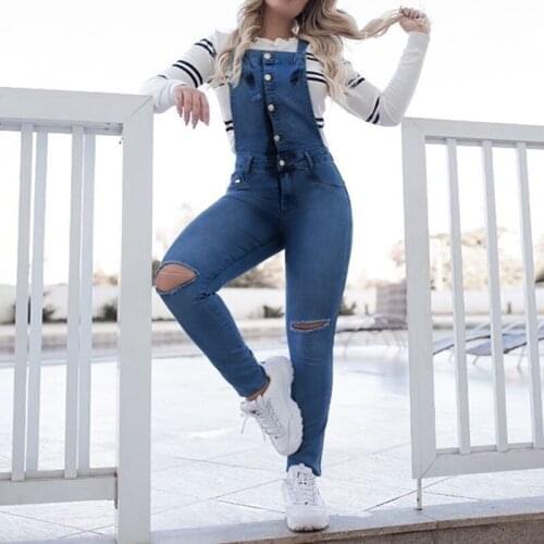 Chic 2020 Vintage Blue Denim Cargo Overalls Women Washed Mom Jeans Hole Distressed Ankle Length Boyfriend Jean Pants Trousers