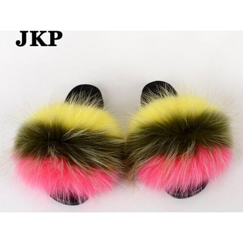 Summer Fur Slippers Women Real Raccoon Fur Slippers Cute Fluffy Furry Flat Sandals Non-Slip Casual Home Shoes Slides TX18
