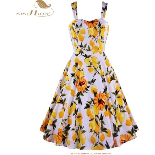 SISHION Vintage Vacation Spaghetti Strap Dress SD0036 Women Lemon Floral Print A Line Plus Size Retro Vintage Dress Pin Up