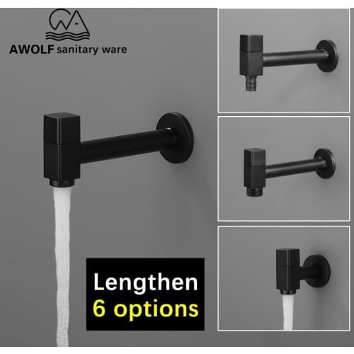 Solid Brass Wall Mounted 1/2 & 3/4 Washing Machine Tap Lengthen Mop Pool Tap Matte Black Garden Outdoor Square Faucet AF6130B