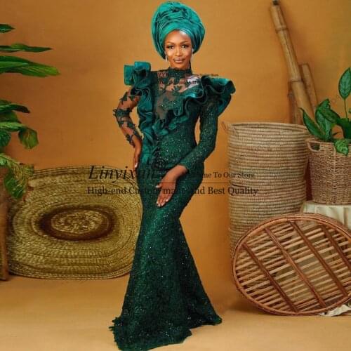 Hunter Green Aso Ebi Style Prom Dresses Long Sleeves African Mermaid Evening Dresses Ruffled Lace Elegant Nigerian Formal Gowns