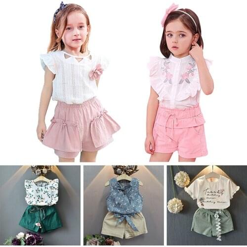 VOGUEON Little Girl Summer 2 Pcs Set Children Tops + Pants Suit Cartoon Floral Print Outfit Kids Sleeveless High Quality Clothes