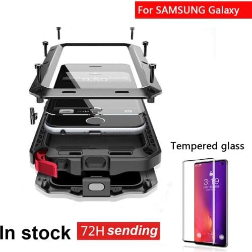 Tempered glass + Full Protective Luxury Metal Case For Samsung S7 S8 S9 S10 Plus Note 8 Note 9 Note 10 plus Shockproof Cover