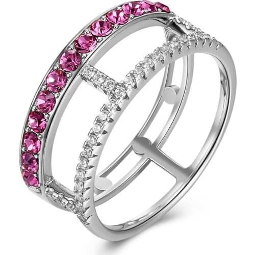 ZEMIOR 925 Sterling Silver Double Layer Finger Rings Women Pink Austria Crystal Hollow Out Ring Anniversary Gifts Fine Jewelry