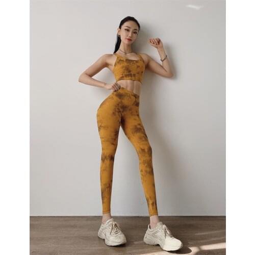 2021 Nude Women Yoga Fitness Suits Running High Waist Leggings Tie-dye Sanded Workout Sportswear Running Gym Sports Set