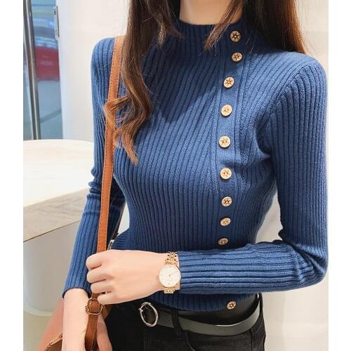 WWENN Women Autumn Knitted Slim Sweaters Solid Knitted Female Soft Elastic Color Pullovers Button Long Sleeve Mock Neck Tops