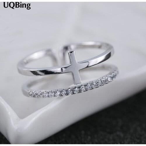 New Arrivals 925 Sterling Silver Rings Cross Double Crystal Ring For Girl Women Gift Jewelry
