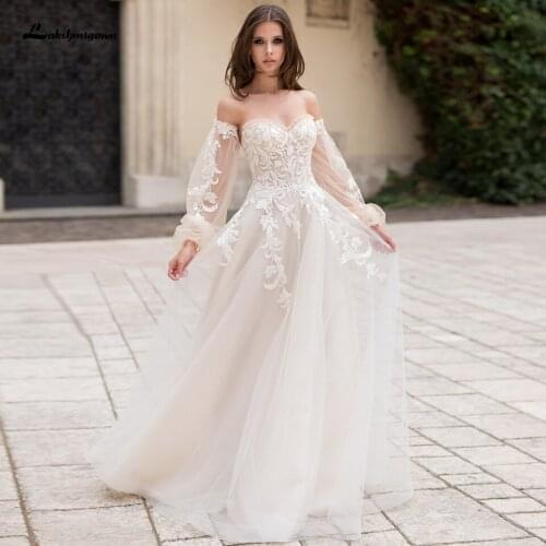 Lashmigown Princess Bridal Dress 2021 Vintage Lace Sukienka Boho Wedding Gown Off Shoulder with Detachable Sleeves Floor Length