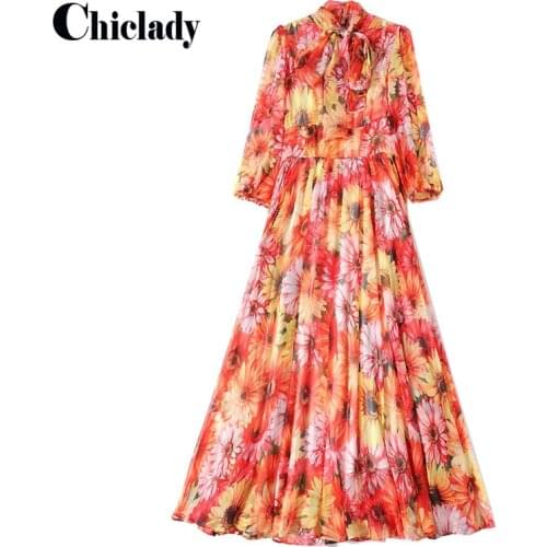 CHICLADY boho sunflower midi dress chiffon half sleeve bow collar women dresses casual plus size orange holiday robe de mujer za