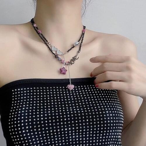 Origin Summer Vintage Double Layer Letter Star Pendant Necklace for Women Heart Beaded Rhinestone Asymmetry Necklace Jewelry