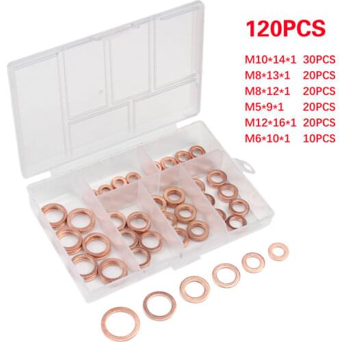 120PCS/Set Sump Plug Assortment Washer 8 Sizes Solid Copper Washers Kit Plastic Box Professional Hardware Accessories