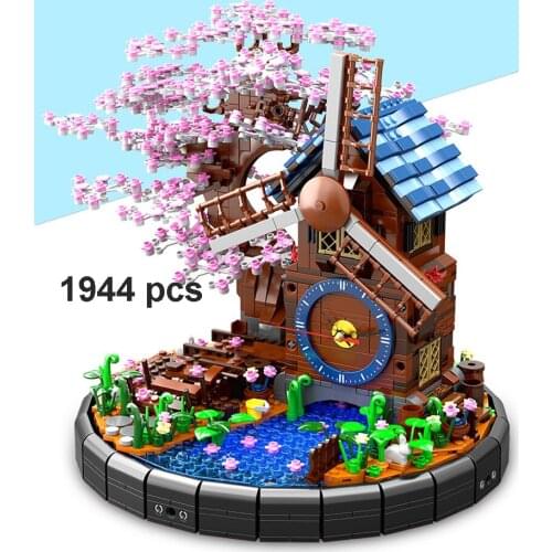 1944pcs Electronic Clock Series Sakura Windmill Model Building Blocks Home Street View Toys For Kids Birthday With Clock Module