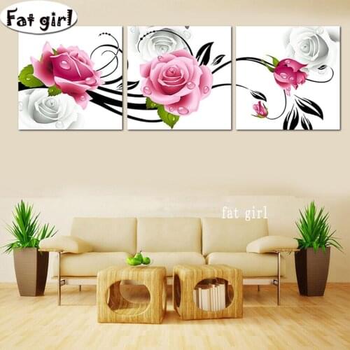 Pink Rose Diamond Embroidery Diy Diamond Painting Triptych Wall Art 5D Mosaic Northern Europe Flower Decor Square Round Drill