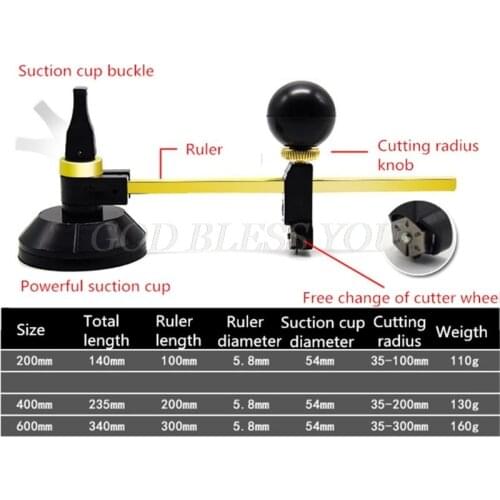 6 Wheels Construction Tool Durable Circular Compass with Scale Knob Window Adjustable Suction Cup Glass Cutter Scribe Simple