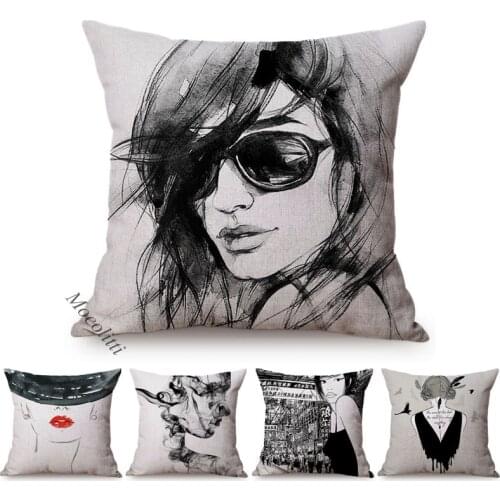 Sketch Hand-Painted Woman Portrait Throw Pillow Cases Fashion Girl Room Bed Cushions Cover Office Sofa Decoration Linen Cojines
