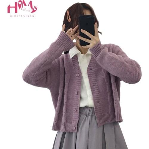 Korean Black Knit Cardigan Women Knitwear Casual Vintage Twist Button Up Purple Sweaters Coat Fall 2020 Loose Cropped Cardigan
